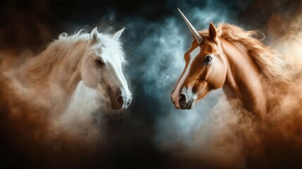 Obraz premium A breathtaking scene depicting two unicorns facing each other in an ethereal setting, capturing their majesty, grace, and magnificence amidst a misty ambiance.