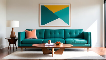mid century living rooms feature teal sofas modern designs large posters stylish interior space
