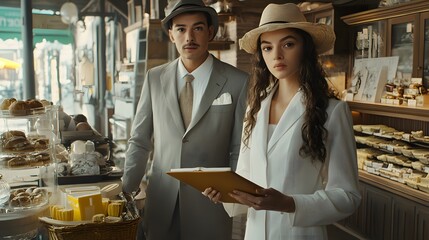 Elegant couple in vintage attire at a charming boutique bakery.