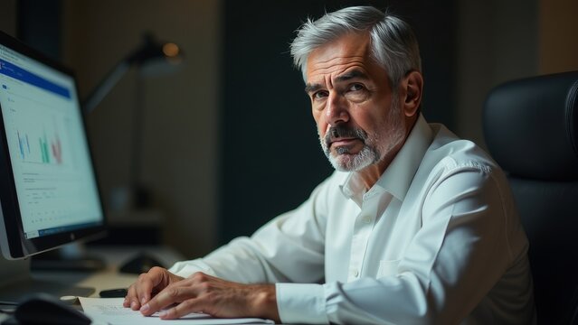 Experienced Mature Man Analyzing Data in a Modern Workspace