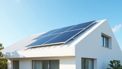 Eco-Friendly Modern House with Solar Panels Against Clear Sky