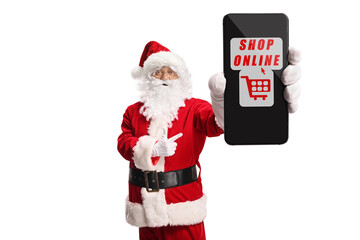 Santa Claus pointing at a mobile phone with online shopping app