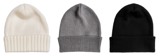White, Grey, and Black Beanies, Isolated on Transparent Background, Great for Apparel Mockups, Fashion Design Projects, and Seasonal Marketing Campaigns