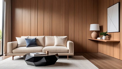 minimalist beige sofa modern room wood paneling accent wall clean lines