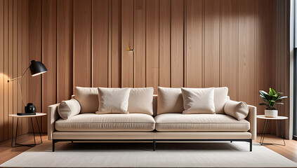 minimalist beige sofa modern room wood paneling accent wall clean lines