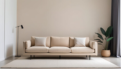 minimalist decor features beige sofa front empty wall sufficient negative space around