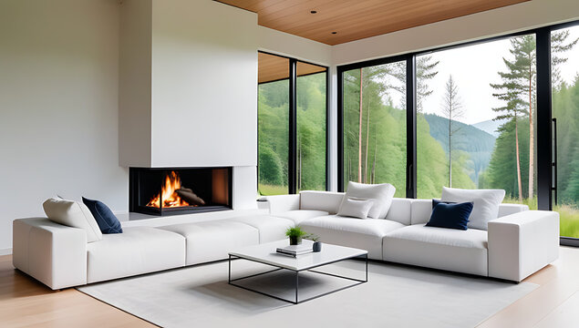 minimalist home features white corner sofa near fireplace big windows modern living room surrounded nature forest villa