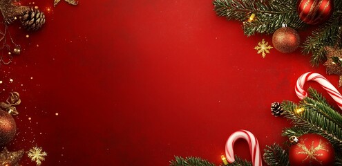 Banner with free space for text, Christmas Candy Cane and Ornament Decorations. Red christmas background