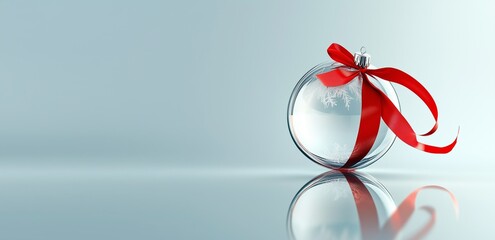 Banner with free space for text. Clear glass bauble with a red ribbon on a reflective surface, creating a minimalist and elegant Christmas decoration. 