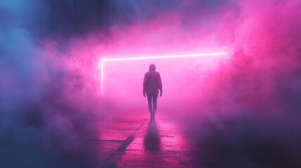 silhouette of a person in a tunnel with fog and neon lights