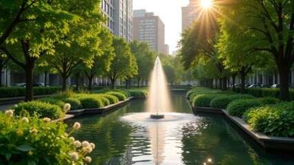 Lush Green Urban Oasis with Water Fountain at Sunrise