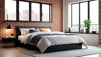 Fototapeta premium modern bedroom features minimalist loft space comfortable bed setup near window brick wall