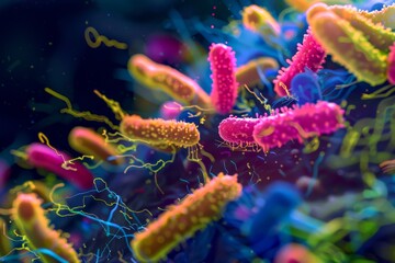 Naklejka premium A microscopic view of bacterial conjugation, capturing the transfer of genetic material between cells via pili under a high-powered microscope. 