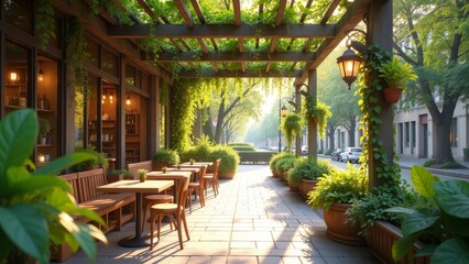 Charming Tree Cafe Under a Biophilic Pergola with Lush Plants