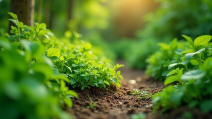 Sustainable Urban Garden in Morning Light: Close-Up of Fresh Greenery