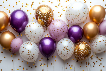A colorful assortment of balloons in purple, gold, and white, scattered with glitter, perfect for celebrations and festive occasions.