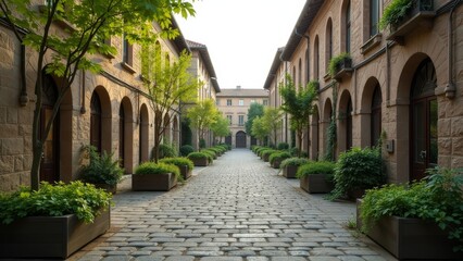 Fototapeta premium Peaceful Old Town Center Showcasing Greenery and Calm Pathways in Late Afternoon Light