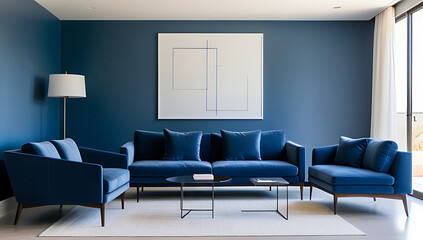 modern blue sofa chair paired minimalist decor stucco wall sleek living room setting