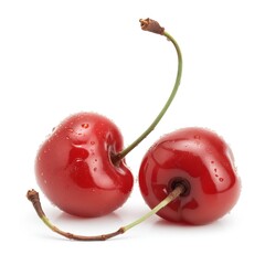 Fresh Maraschino Cherries with Water Drops on White Backdrop