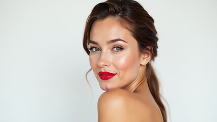 Naklejka premium Confident Woman Showcasing Bright Red Lipstick: Profile Shot