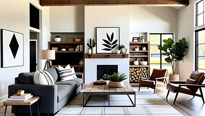 modern farmhouse decor features rustic wood vintage decor cozy bohemian atmosphere spacious living room area