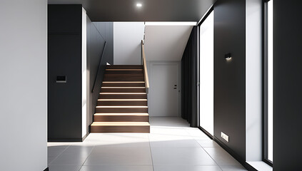modern hallway features staircase digital rendering