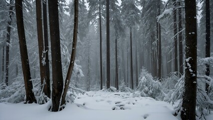 Fototapeta premium Snow-covered forest landscape with tall trees in a foggy winter atmosphere