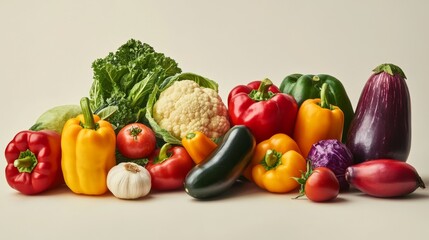 A variety of fresh vegetables, including bell peppers, tomatoes, eggplant, garlic, cabbage, and cauliflower, arranged in a group on a white background.