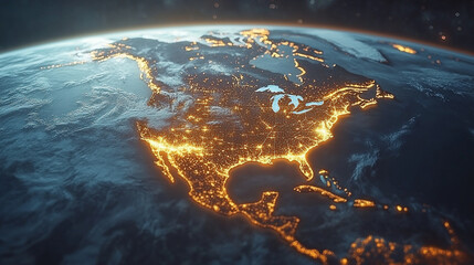 glowing view of Earth from space, showcasing North America illuminated at night. City lights highlight human activity and progress, symbolizing global connectivity, technological advancement, and hope