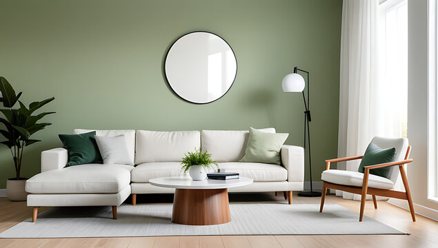modern living room features round accent coffee table light green wall white fabric sofa scandinavian style setting