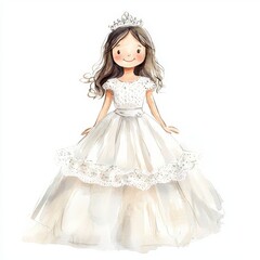 Fototapeta premium cute girl in a wedding dress - watercolor on white background