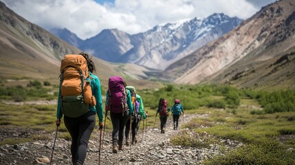 Fototapeta premium A women-only trekking expedition in the wilderness, empowering each other.