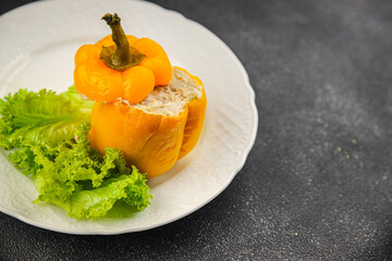 bell pepper stuffed meat and rice tasty food dish second course Fresh delicious gourmet food background on the table rustic food top view copy space top view