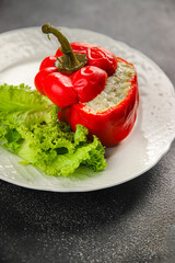 bell pepper stuffed meat and rice tasty food dish second course Fresh delicious gourmet food background on the table rustic food top view copy space top view