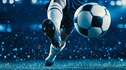 A high-energy action shot of a soccer player kicking a ball during a game. The illuminated stadium, flying grass, and player's dynamic movement capture the intensity and excitement of the match.