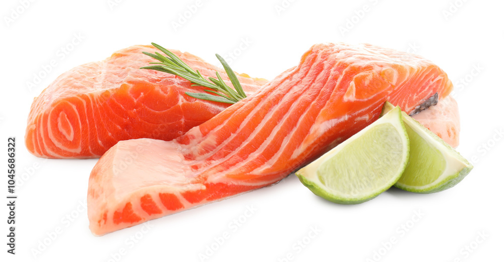 Sticker Pieces of fresh salmon, rosemary and lime isolated on white