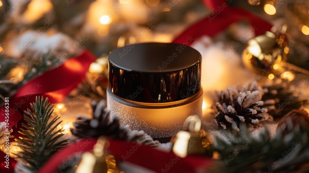 Poster a jar with a black lid and gold accents is nestled amongst a decorative arrangement of pine branches