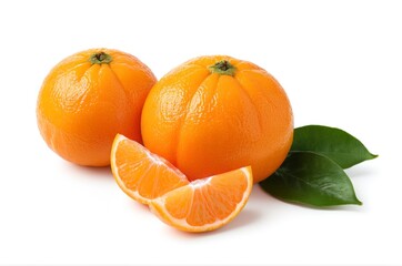 Fresh Murcott Tangerines Sliced with Green Leaves on White