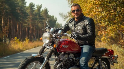 Fototapeta premium motorcyclist in a motorcycle jacket and tinted helmet with a classic motorcycle in nature. Stylish biker