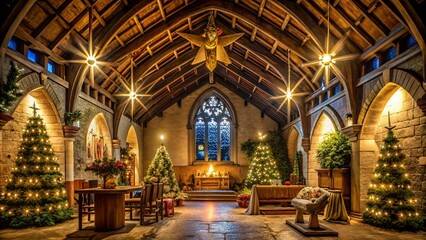 Fototapeta premium Festive Architectural Photography of a Christmas Bible Scene in a Beautifully Decorated Church Interior