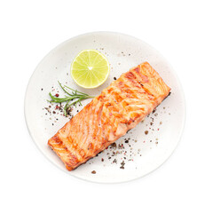 Delicious grilled salmon fillet with lemon, rosemary and spices isolated on white, top view