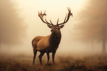 Obraz premium Majestic Red Deer Stag in Ethereal Foggy Field - Wildlife Serenity