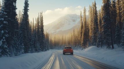 Fototapeta premium Car driving on a snowy road surrounded by a forest in winter