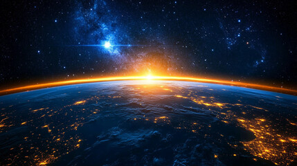 glowing view of Earth from space, showcasing North America illuminated at night. City lights highlight human activity and progress, symbolizing global connectivity, technological advancement, and hope