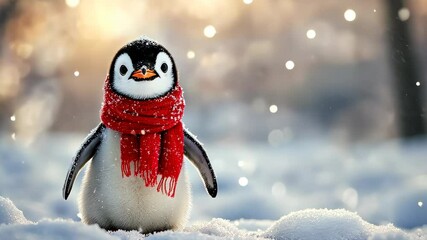 Cute penguin wearing scarf standing in snow