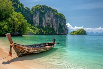 A tranquil Thai beach with a longtail boat anchored near lush cliffs on a sunny day