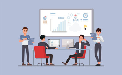 Product development team collaborating in a design studio concept. Business people character vector illustration design.