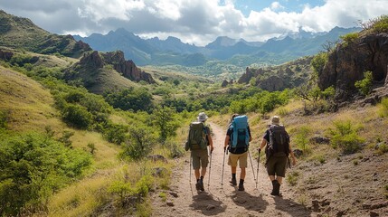 Obraz premium Adventurers hiking through culturally significant landscapes with a local guide.