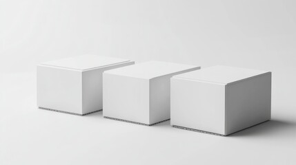 Three minimalist white cubes on light background for modern design concepts