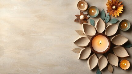 Intricate rangoli designs lit by candles, vibrant colors and festive glow
